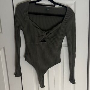 wild fable Olive Green Ribbed Twist-Front Long Sleeve Bodysuit